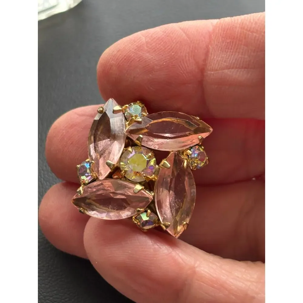 Vintage Cluster Rhinestone Aurora Borealis Gold-tone Clip On Earrings